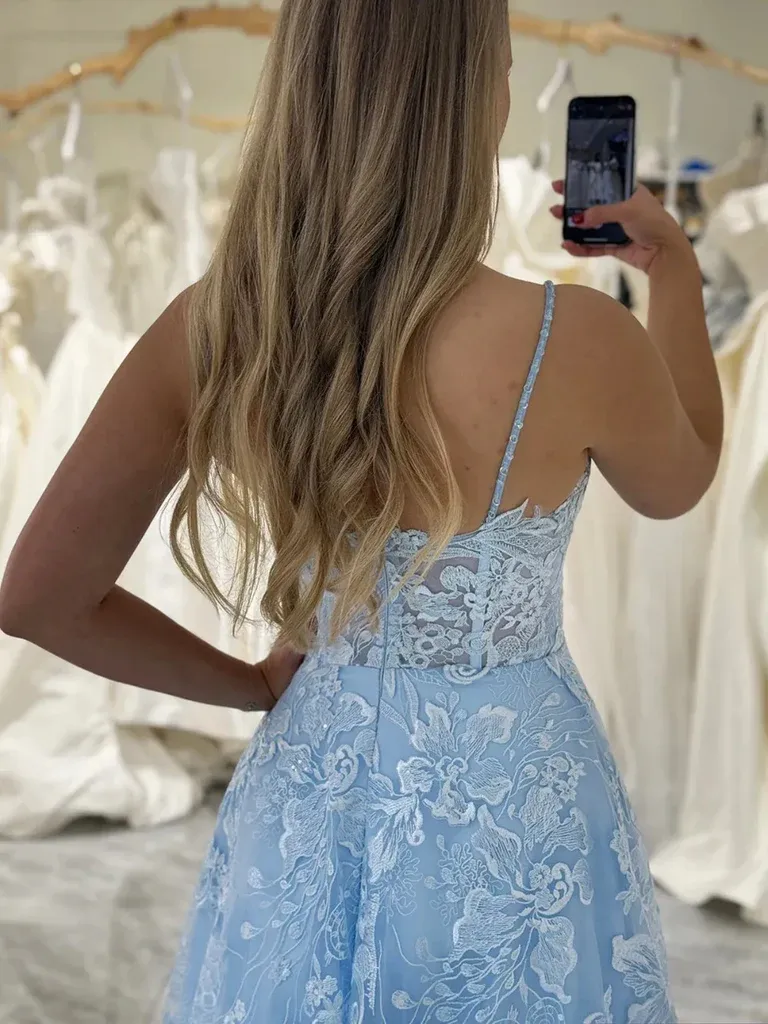 V Neck Blue Lace Prom Dresses, V Neck Light  Blue Lace Floral Formal Evening Dresses
