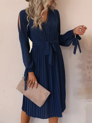 V-neck Dress with Hollow-out Detailing and Pleated Skirt
