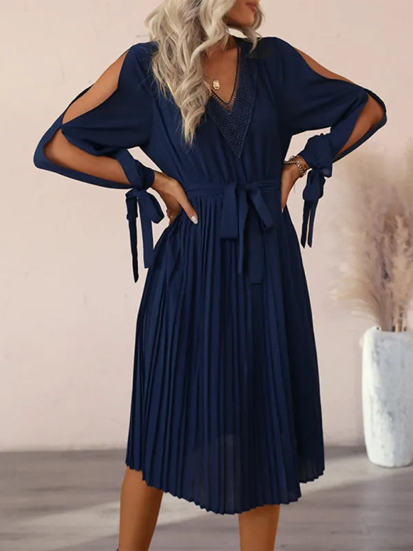 V-neck Dress with Hollow-out Detailing and Pleated Skirt