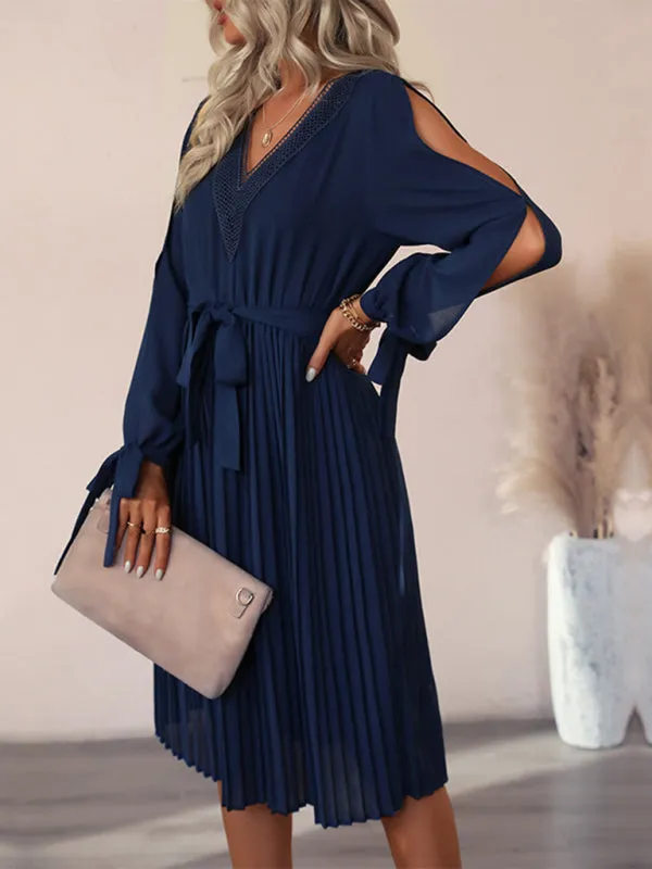 V-neck Dress with Hollow-out Detailing and Pleated Skirt