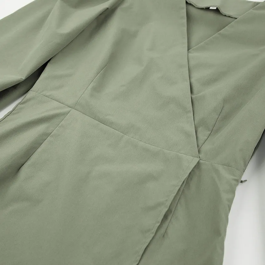 V-neck High Waist Lantern Sleeve Mini Dresses Green