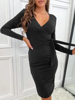 V-neck Knit Dress with Wrap-Style Front and Long Sleeves