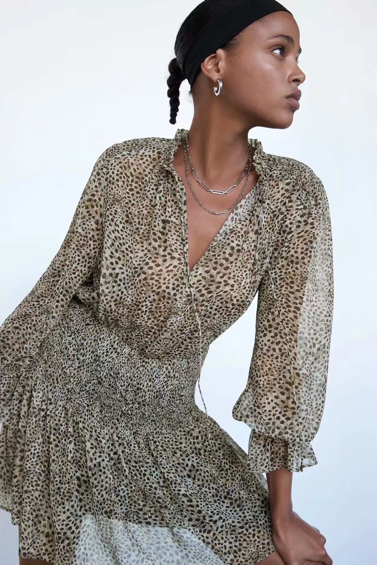 V-neck Leopard Single-breasted Lace-up Mini Dresses