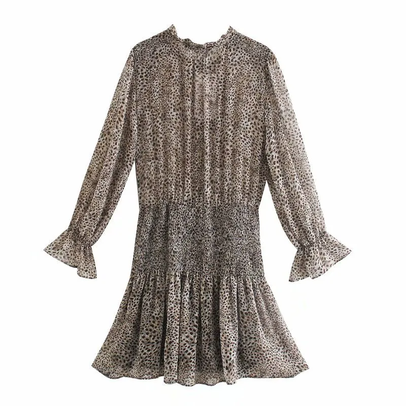 V-neck Leopard Single-breasted Lace-up Mini Dresses