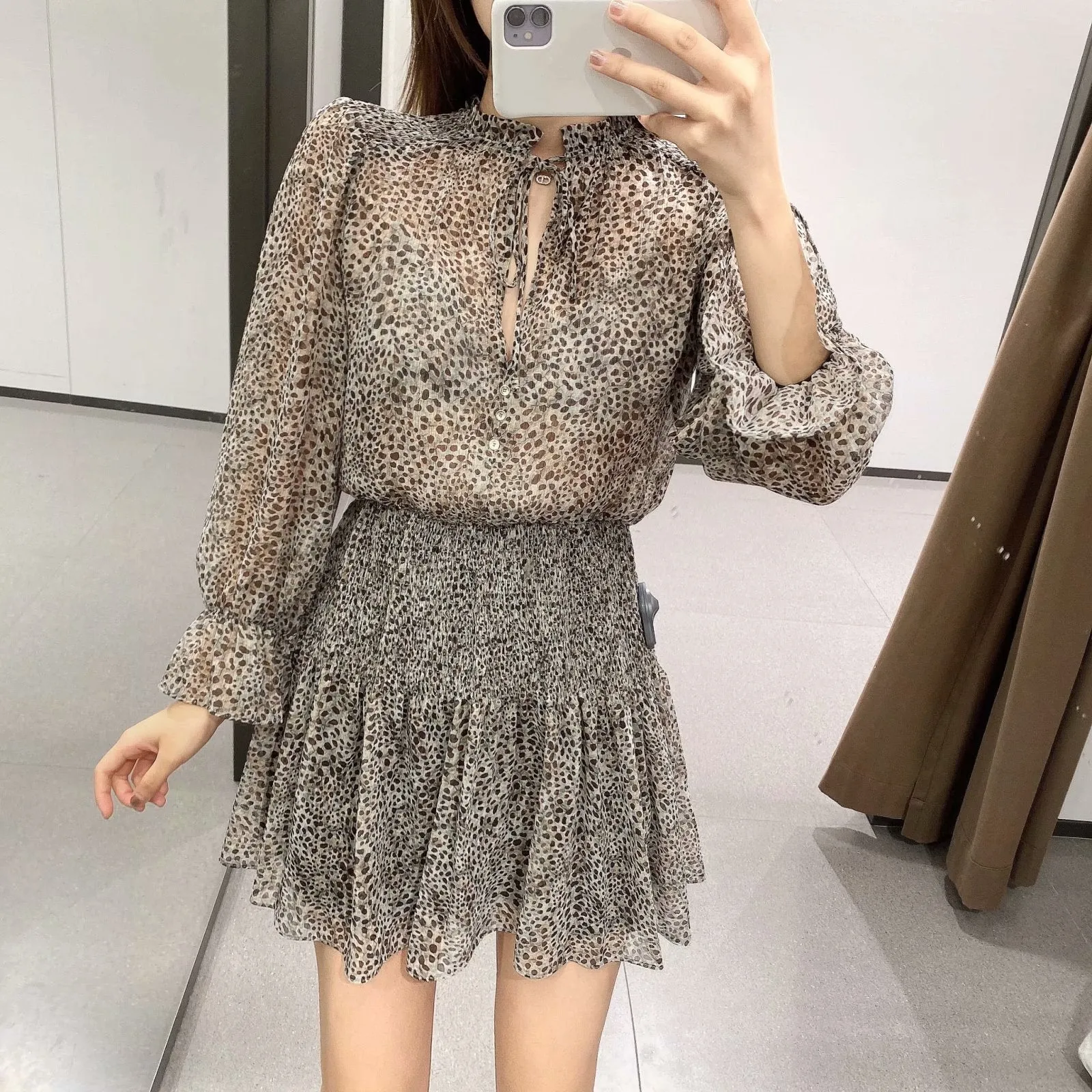 V-neck Leopard Single-breasted Lace-up Mini Dresses