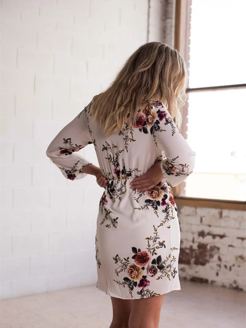 V-neck Long-sleeved Printed Chiffon Dress