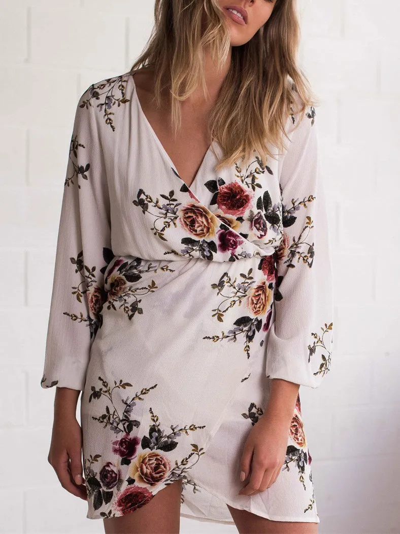 V-neck Long-sleeved Printed Chiffon Dress