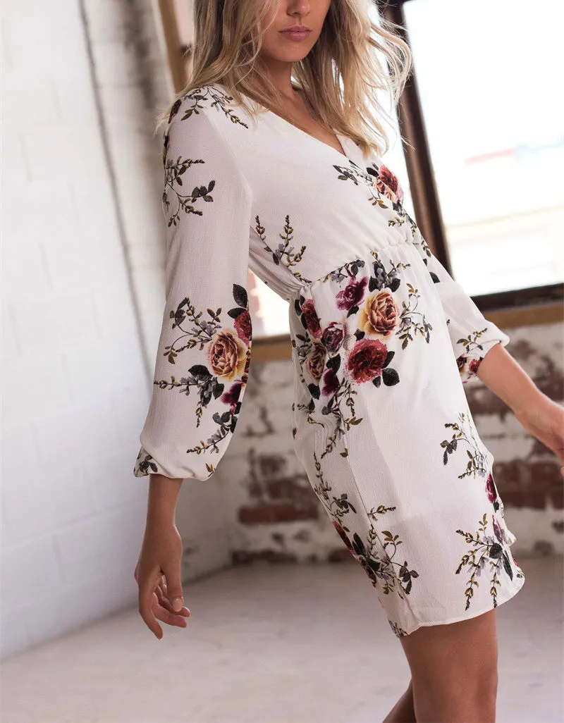 V-neck Long-sleeved Printed Chiffon Dress