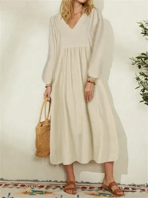 V-Neck Loose Puff Long Sleeve Dresses