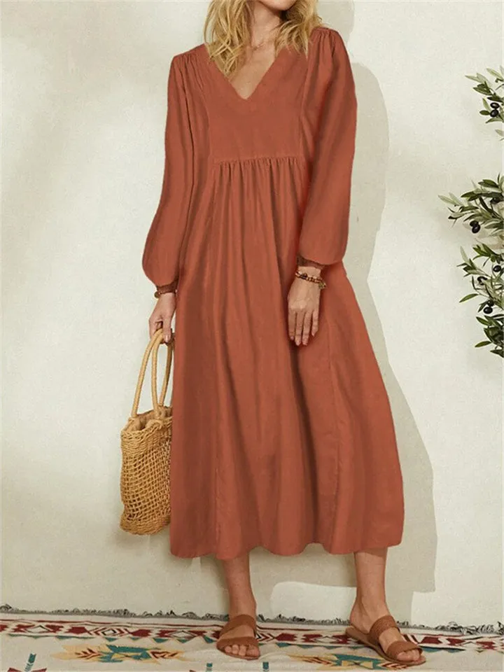 V-Neck Loose Puff Long Sleeve Dresses