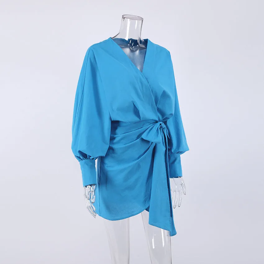 V-neck Vacation Linen Lace-up Mini Dresses