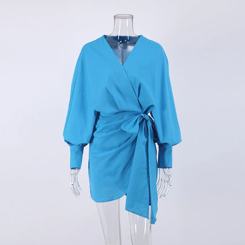 V-neck Vacation Linen Lace-up Mini Dresses