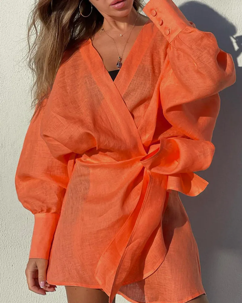 V-neck Vacation Linen Lace-up Mini Dresses