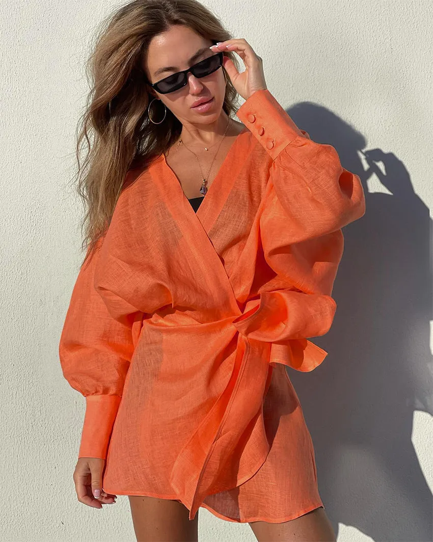 V-neck Vacation Linen Lace-up Mini Dresses