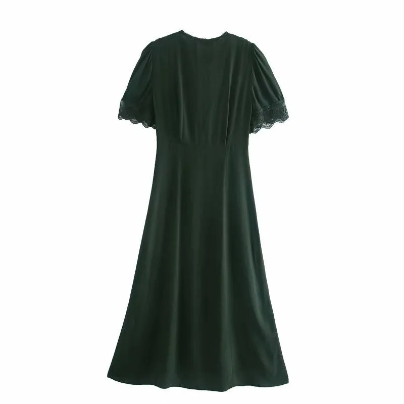 V-neck Vintage Lace Puff Sleeve Single-breasted Midi Dresses