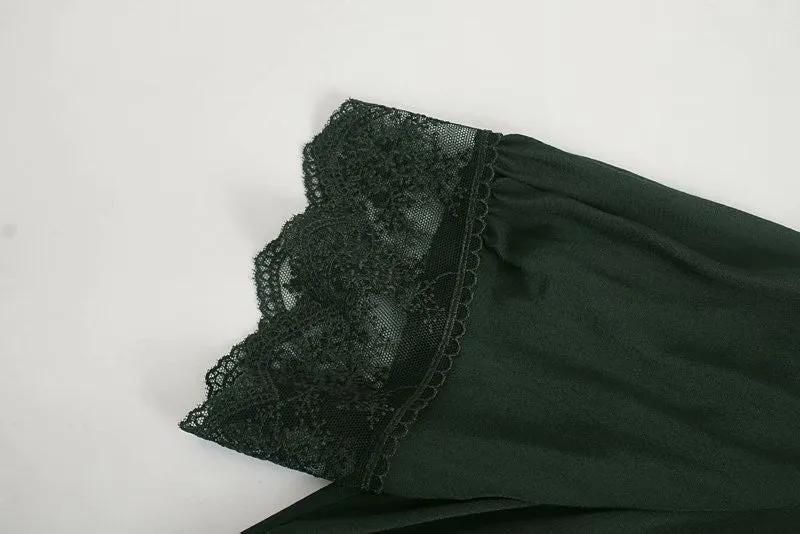 V-neck Vintage Lace Puff Sleeve Single-breasted Midi Dresses