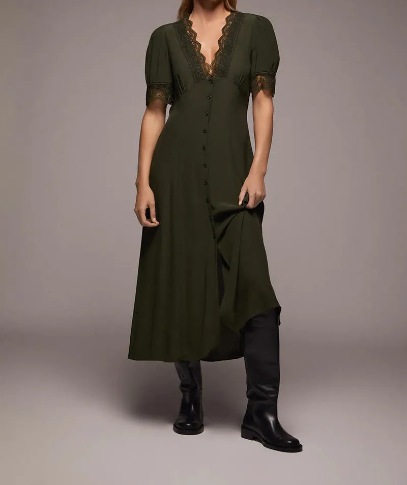 V-neck Vintage Lace Puff Sleeve Single-breasted Midi Dresses