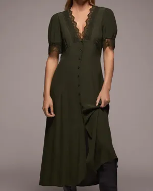 V-neck Vintage Lace Puff Sleeve Single-breasted Midi Dresses