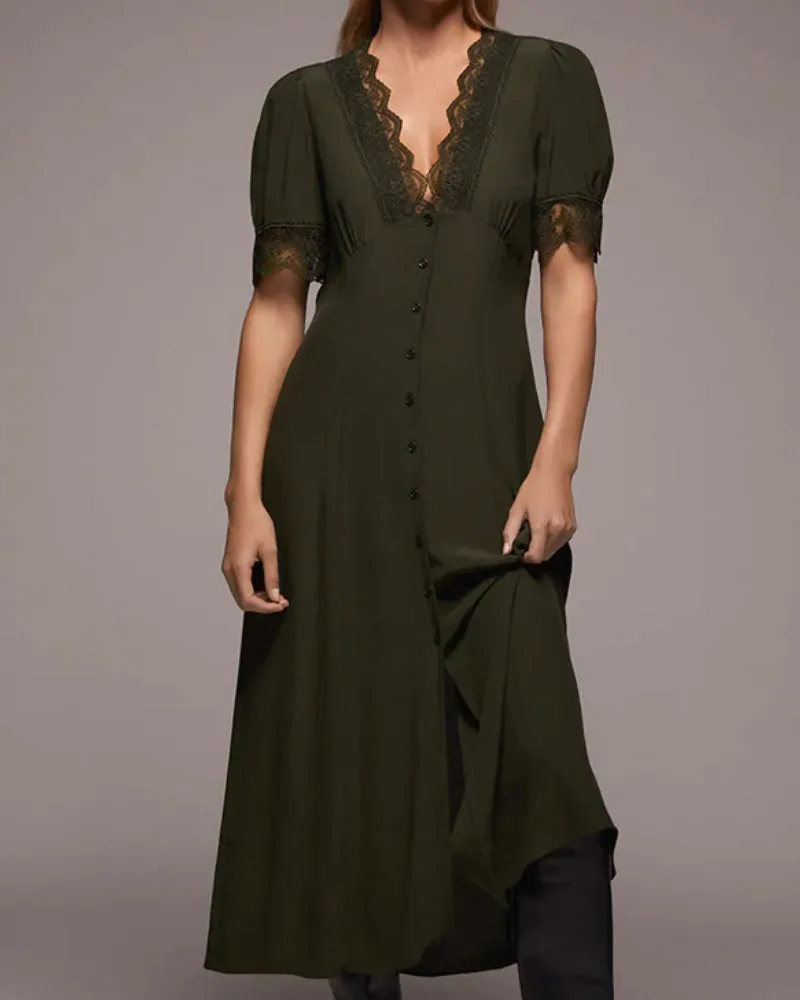 V-neck Vintage Lace Puff Sleeve Single-breasted Midi Dresses