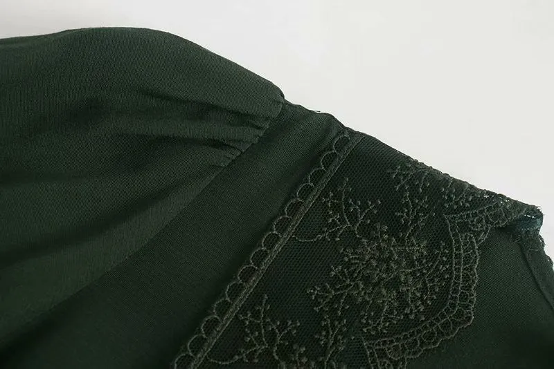 V-neck Vintage Lace Puff Sleeve Single-breasted Midi Dresses
