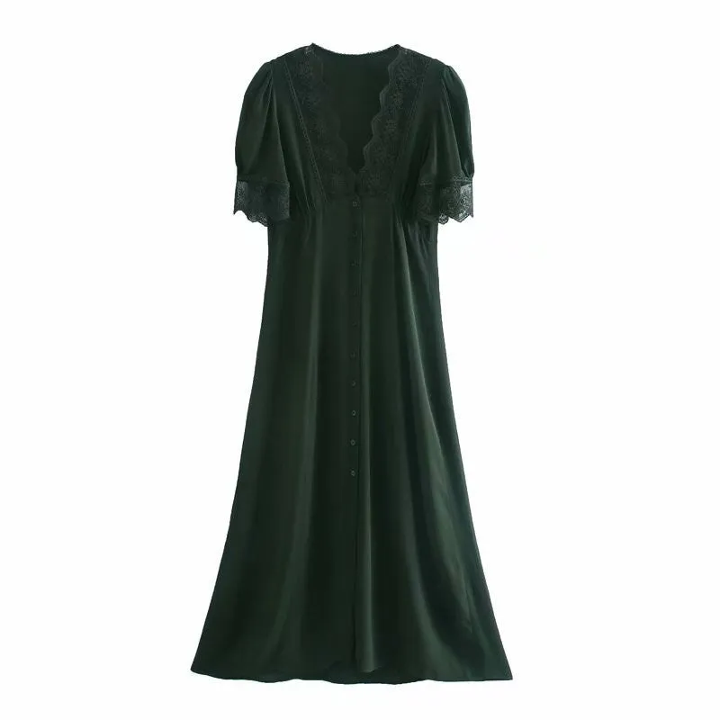 V-neck Vintage Lace Puff Sleeve Single-breasted Midi Dresses