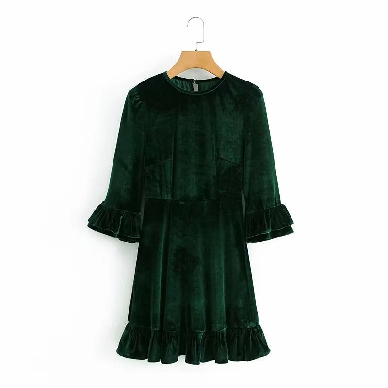 Velvet Flared Sleeve Vintage Splicing Mini Dresses