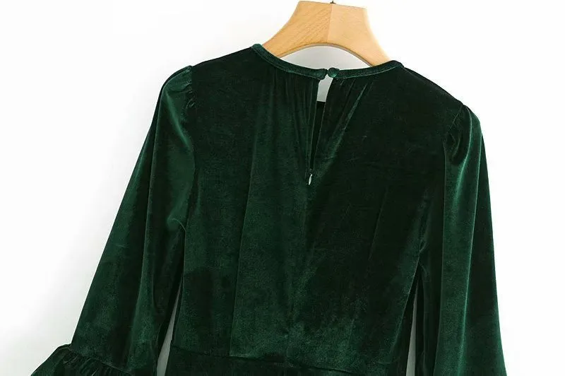 Velvet Flared Sleeve Vintage Splicing Mini Dresses