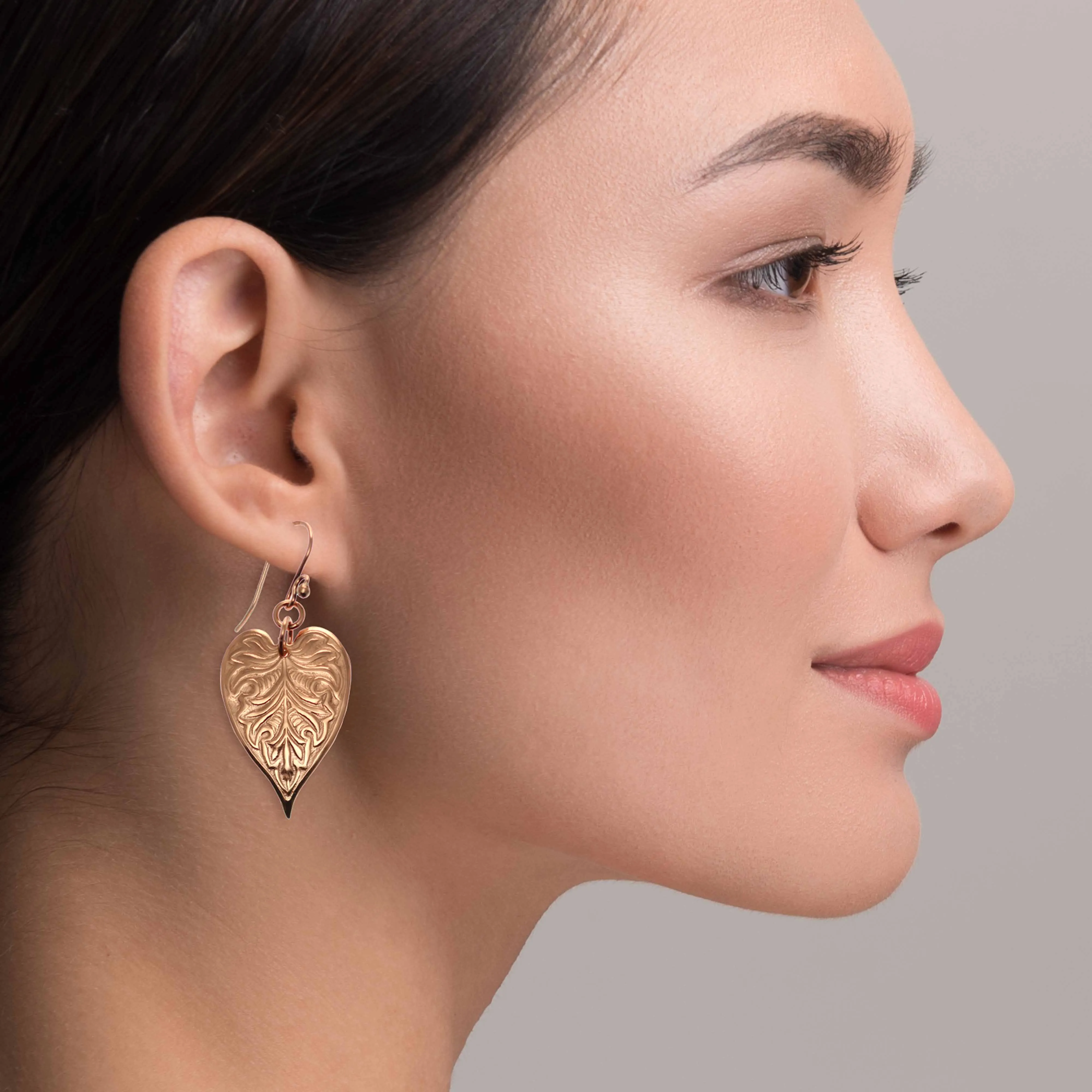 Victorian Copper Heart Leaf Drop Earrings