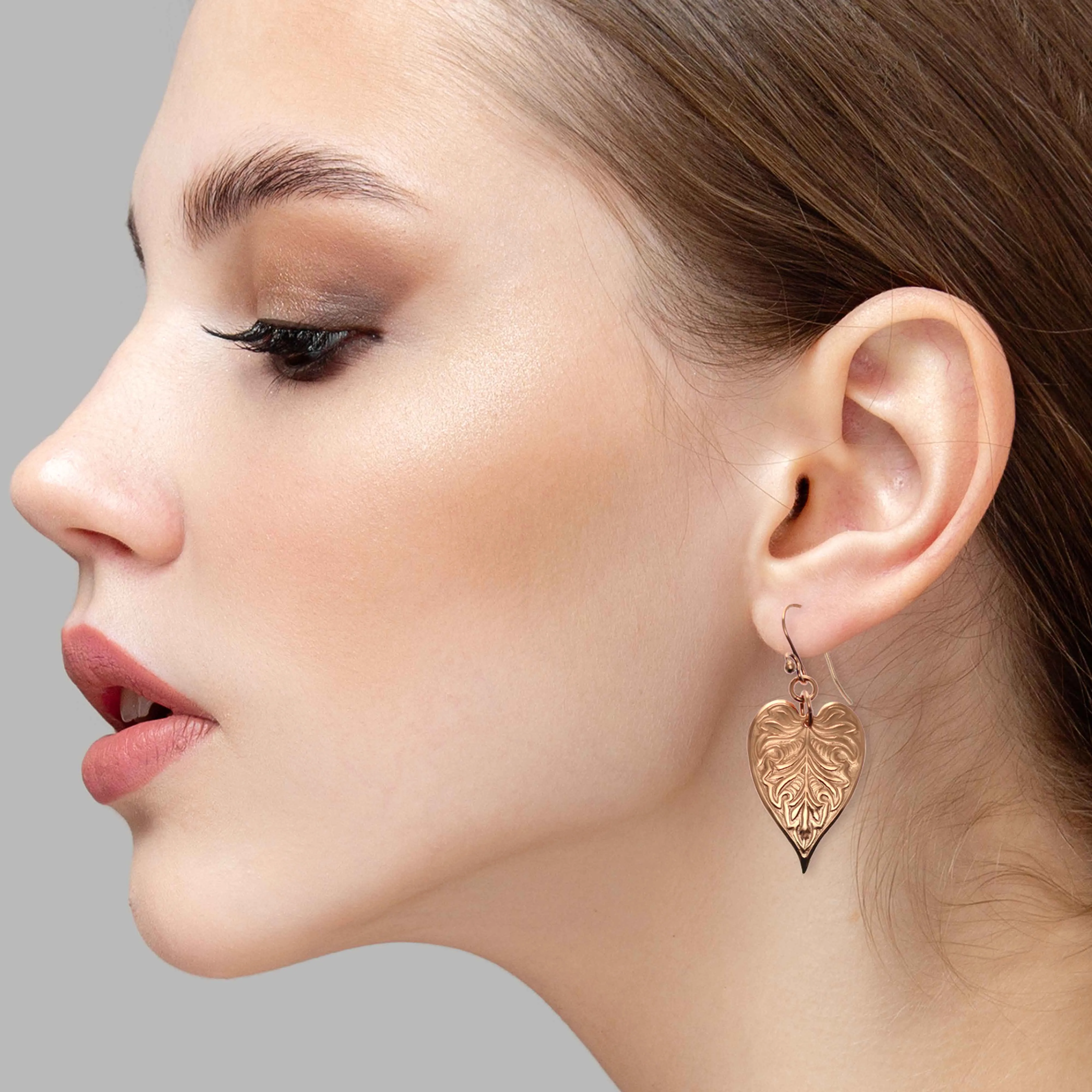 Victorian Copper Heart Leaf Drop Earrings