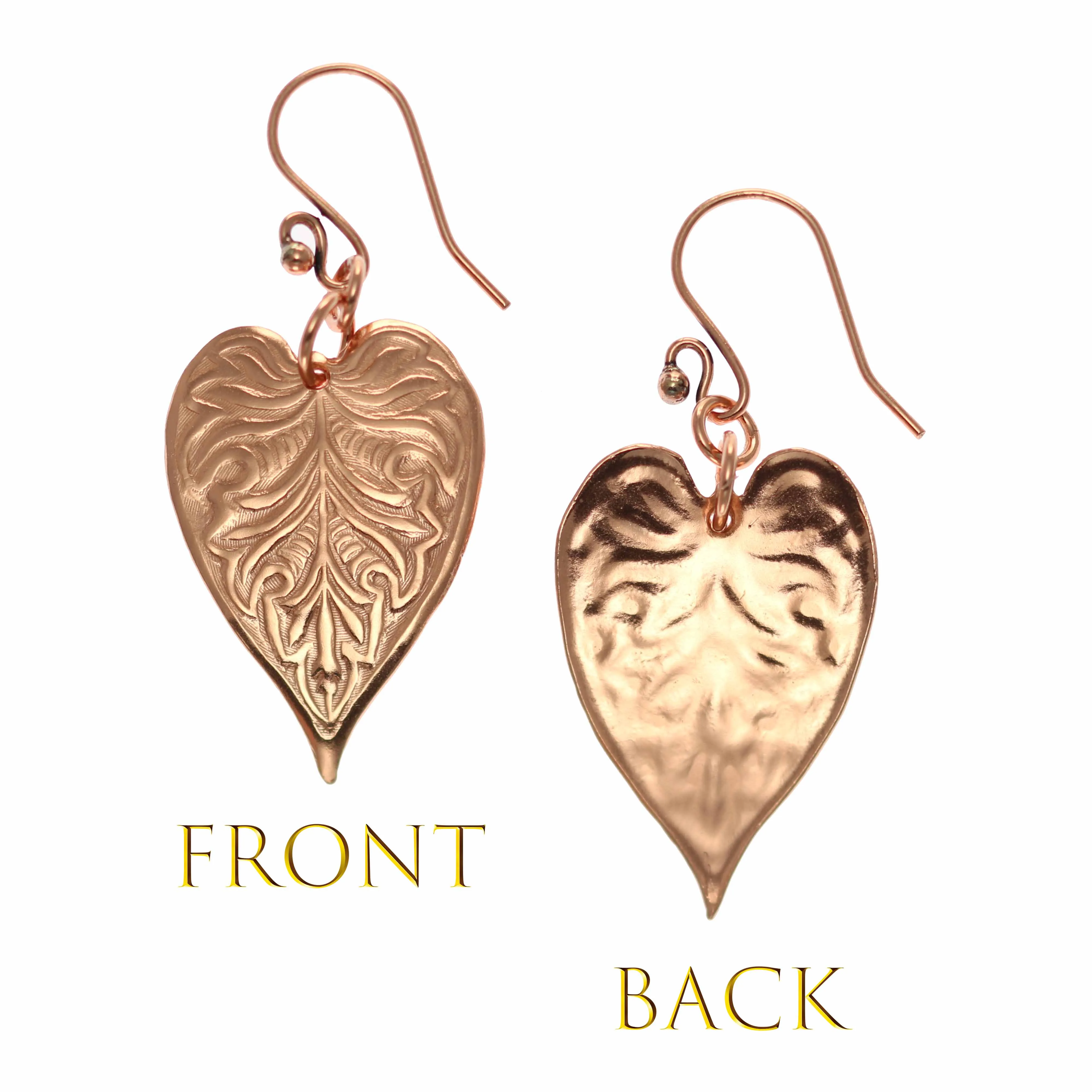 Victorian Copper Heart Leaf Drop Earrings