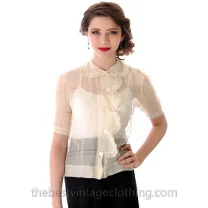 Vintage 1930s Blouse Sheer Gauze Details Small Bambergers