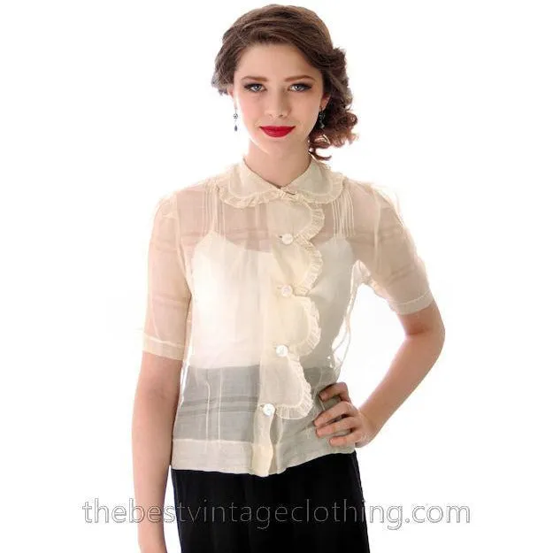 Vintage 1930s Blouse Sheer Gauze Details Small Bambergers