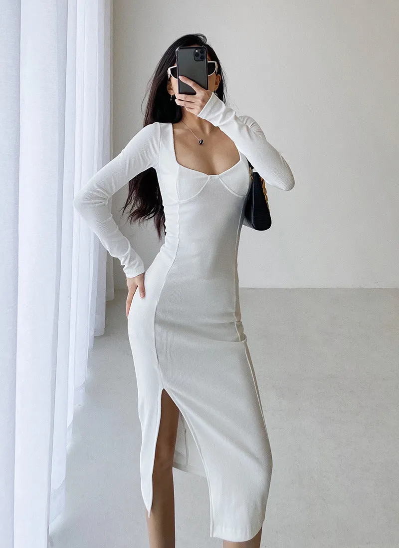 Vintage Square Collar Knit Sweater Midi Dresses