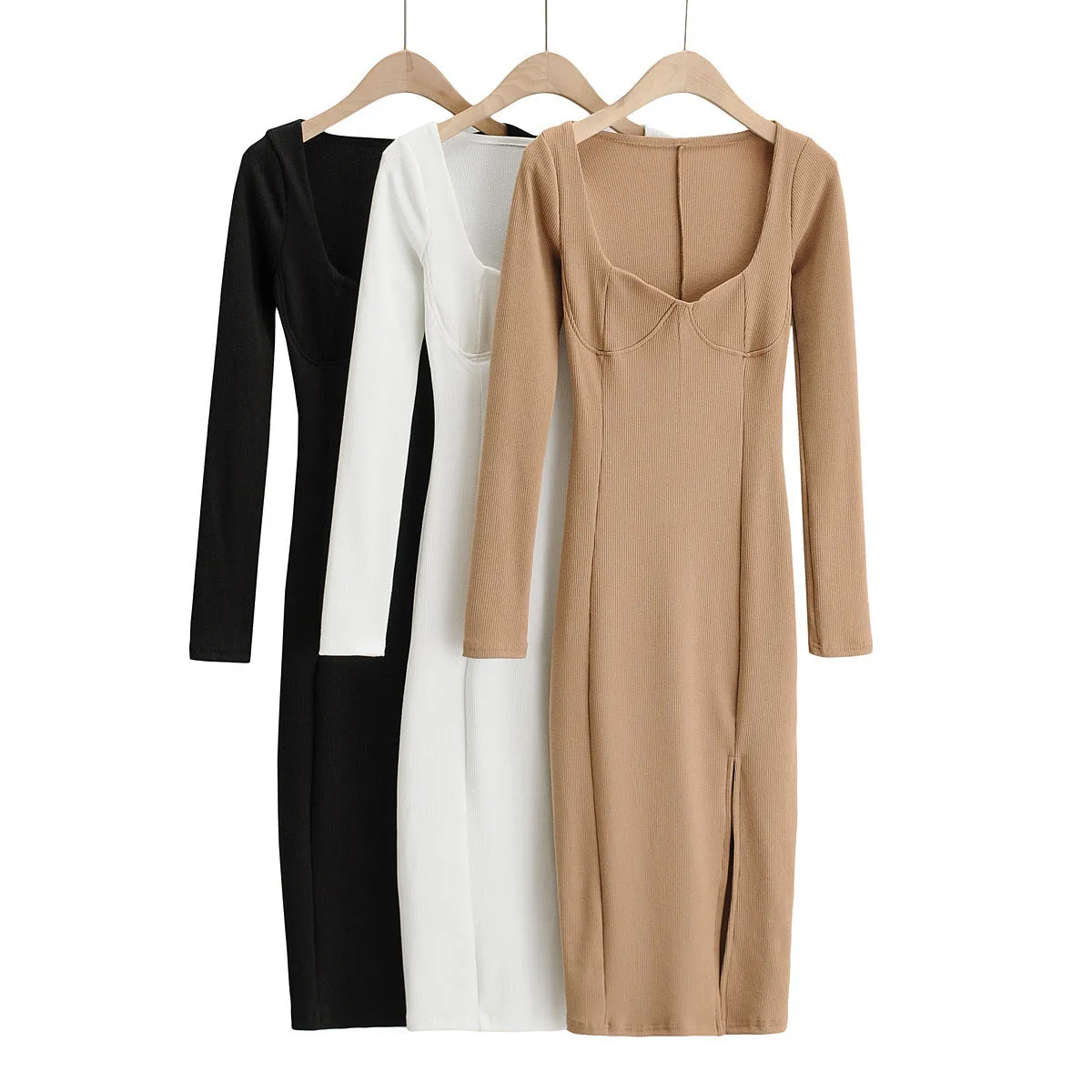 Vintage Square Collar Knit Sweater Midi Dresses