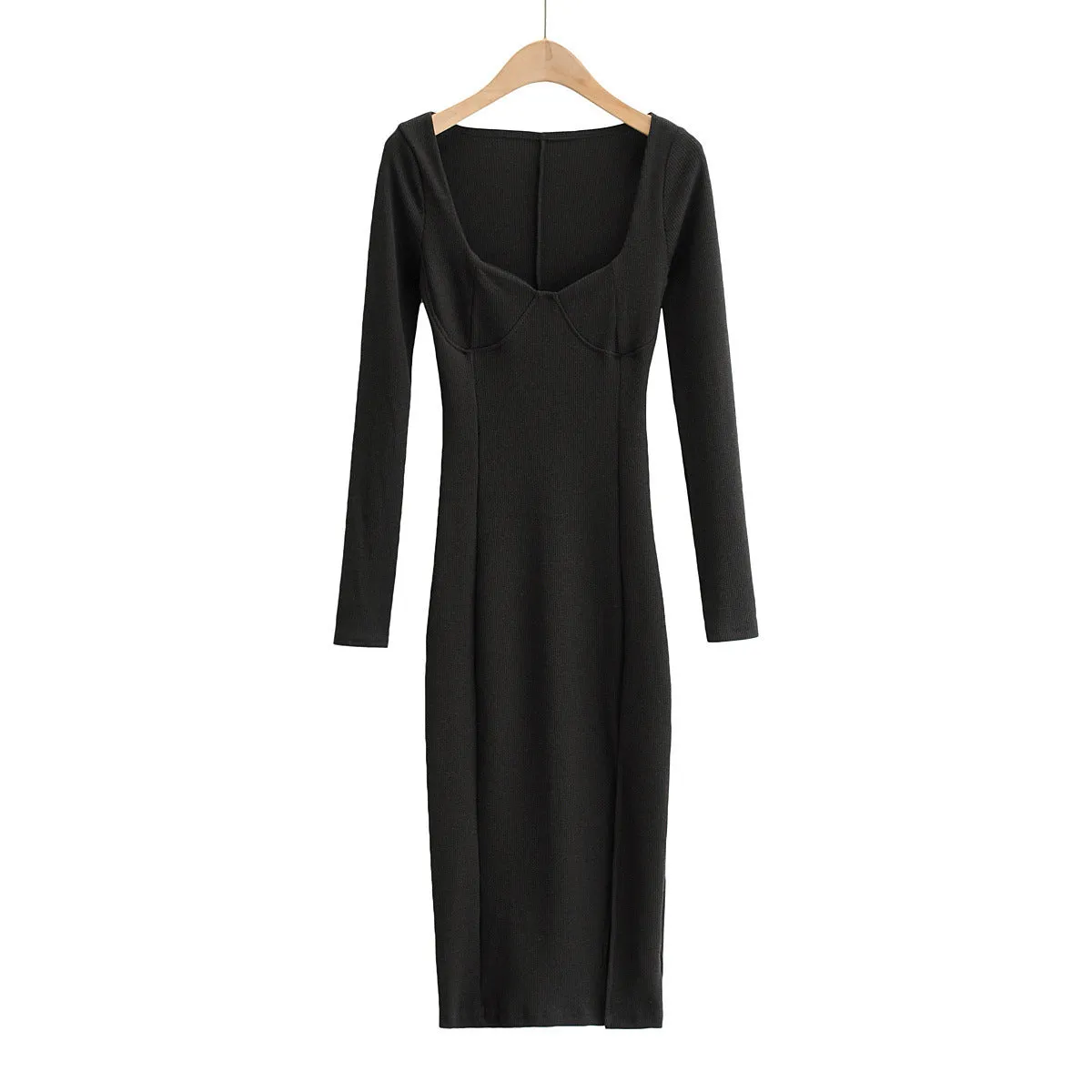 Vintage Square Collar Knit Sweater Midi Dresses