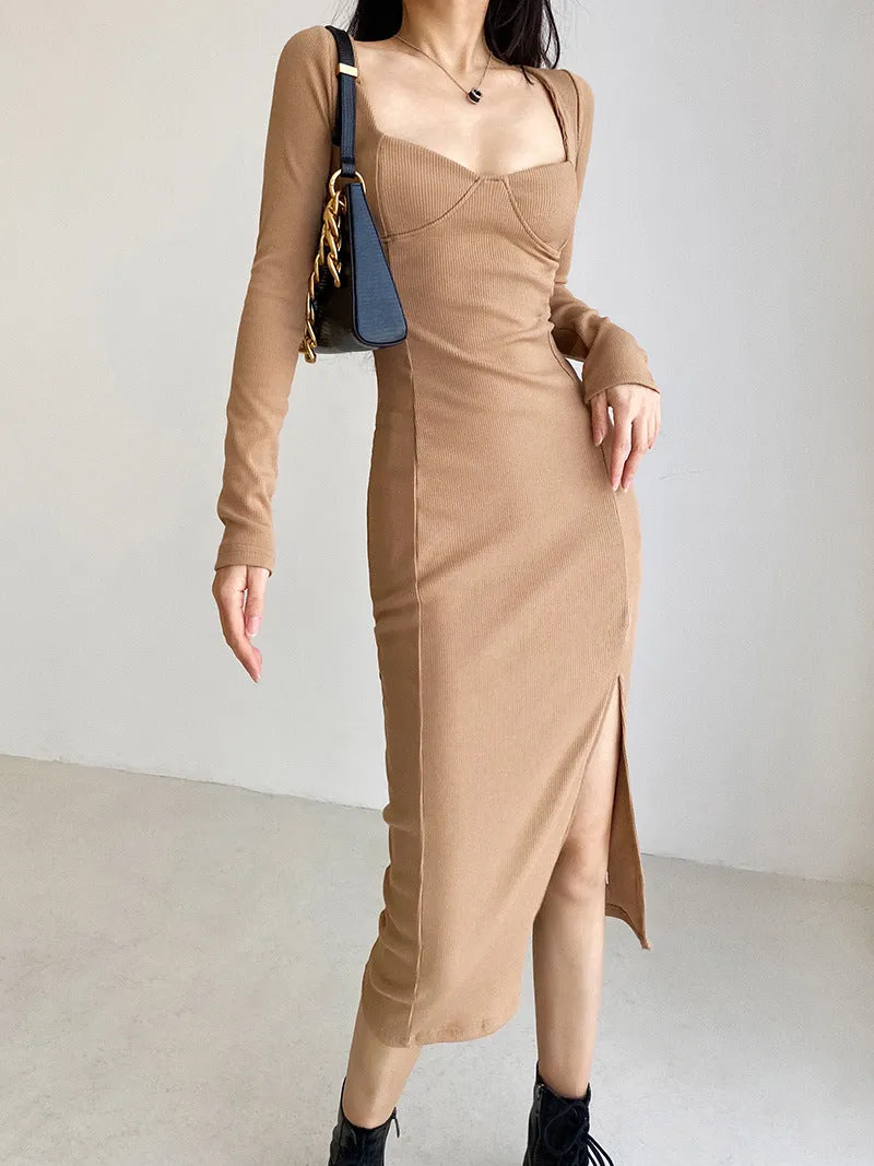 Vintage Square Collar Knit Sweater Midi Dresses