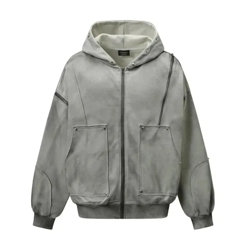 Washed Distressed Rivet Zipper Hoodie