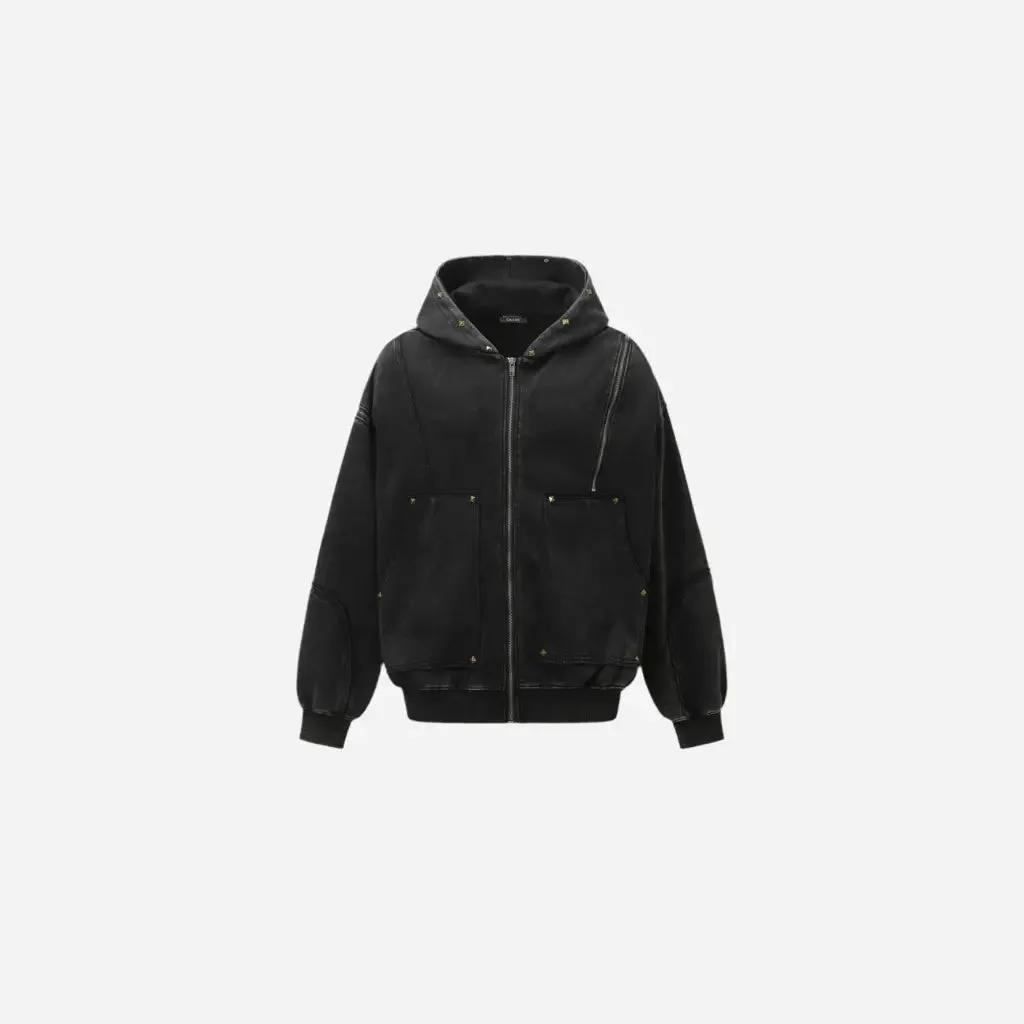 Washed Distressed Rivet Zipper Hoodie