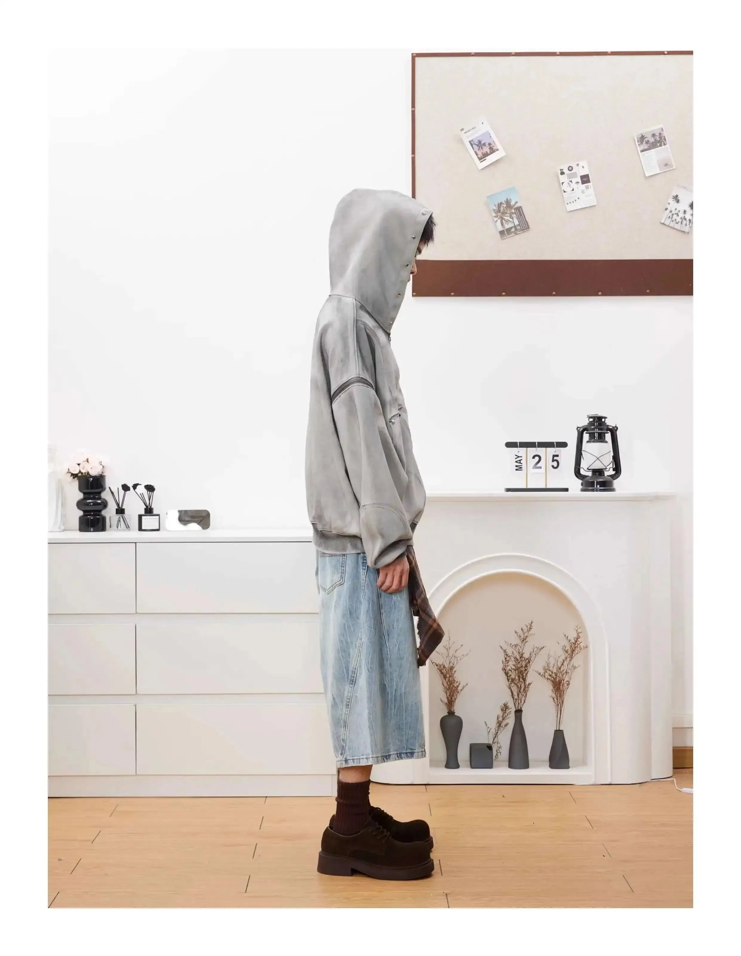 Washed Distressed Rivet Zipper Hoodie