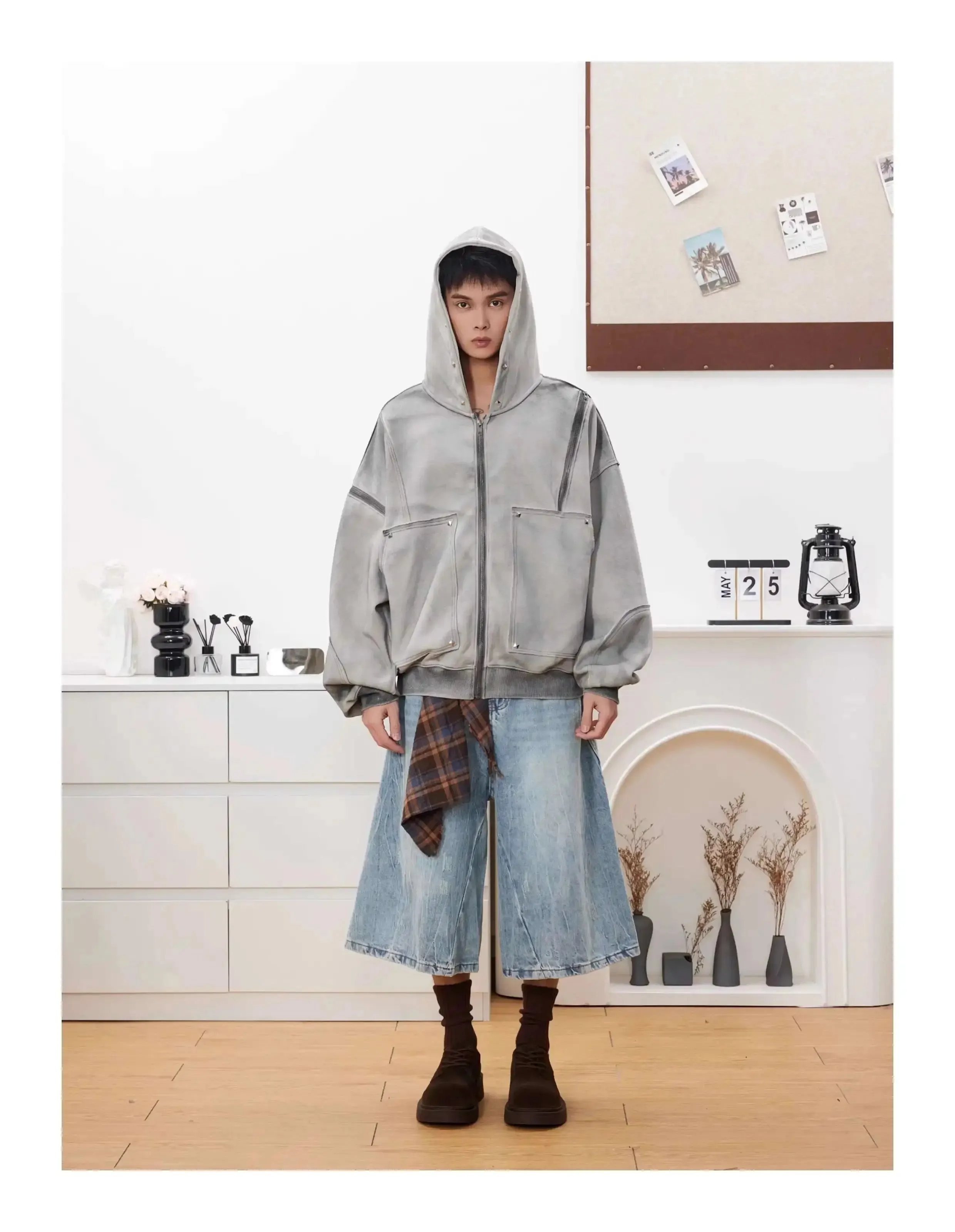 Washed Distressed Rivet Zipper Hoodie