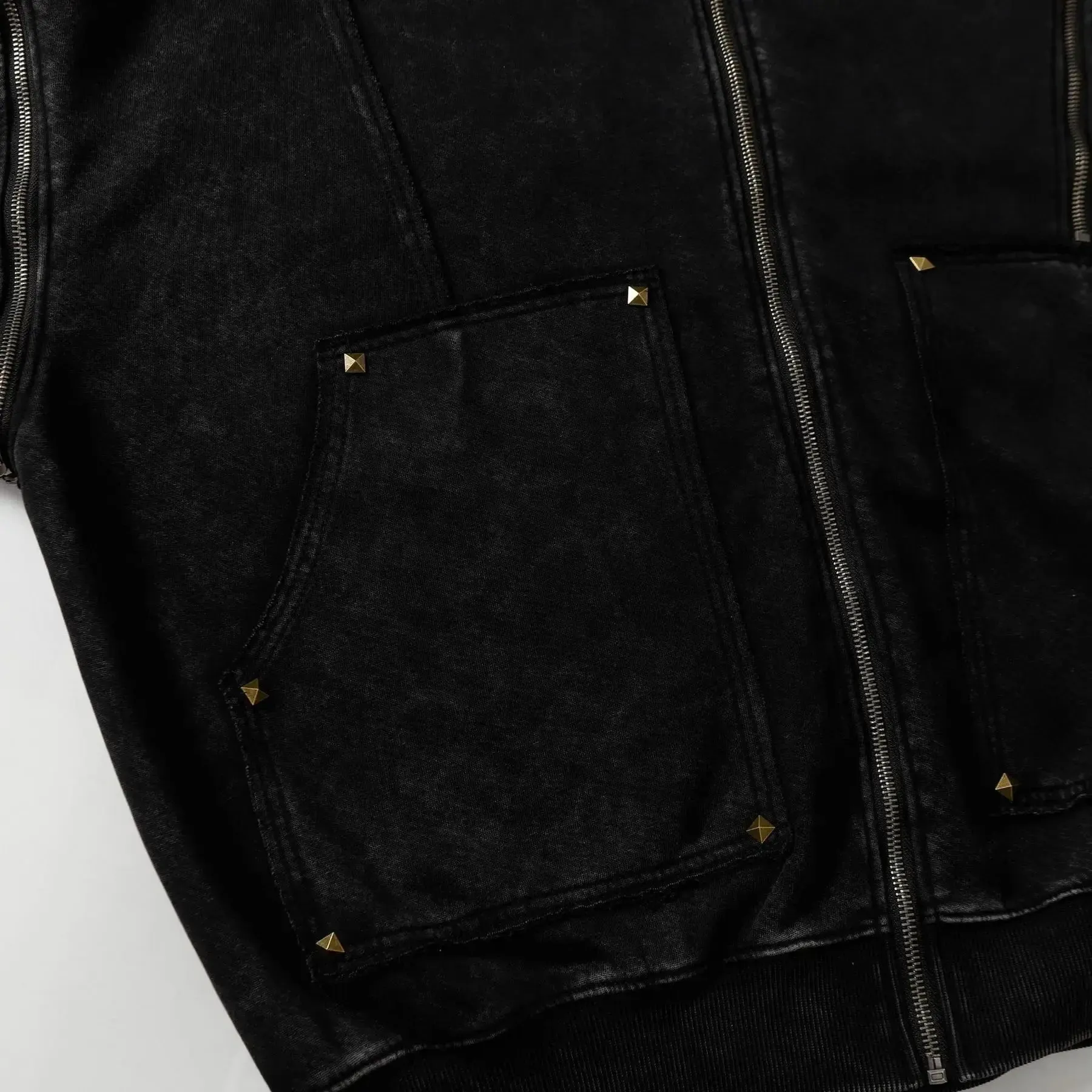 Washed Distressed Rivet Zipper Hoodie