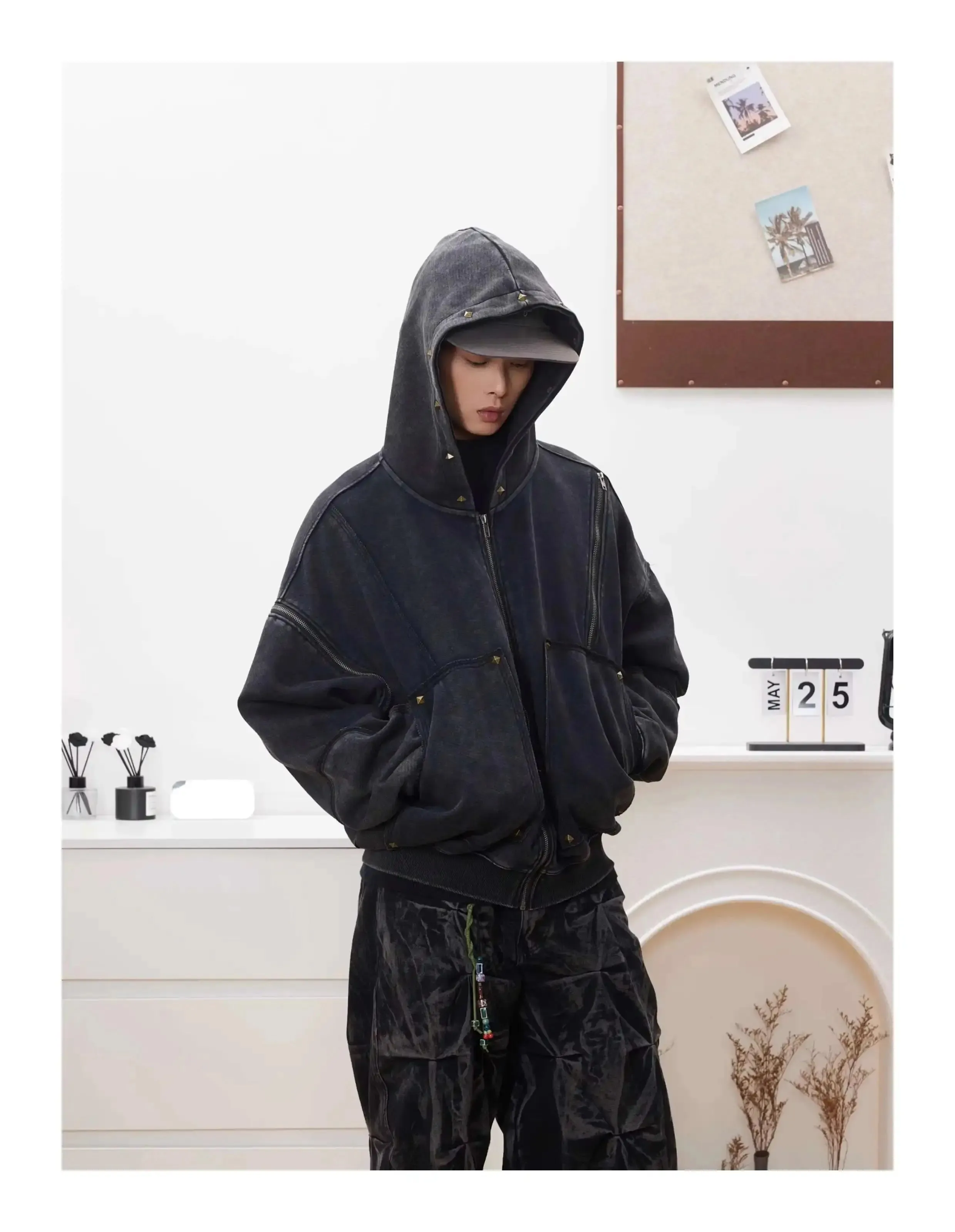 Washed Distressed Rivet Zipper Hoodie