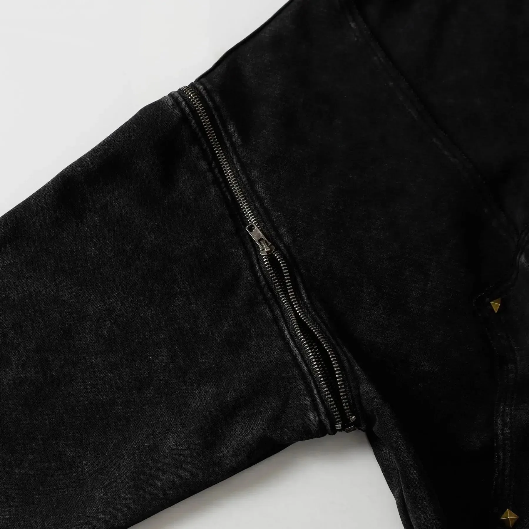 Washed Distressed Rivet Zipper Hoodie