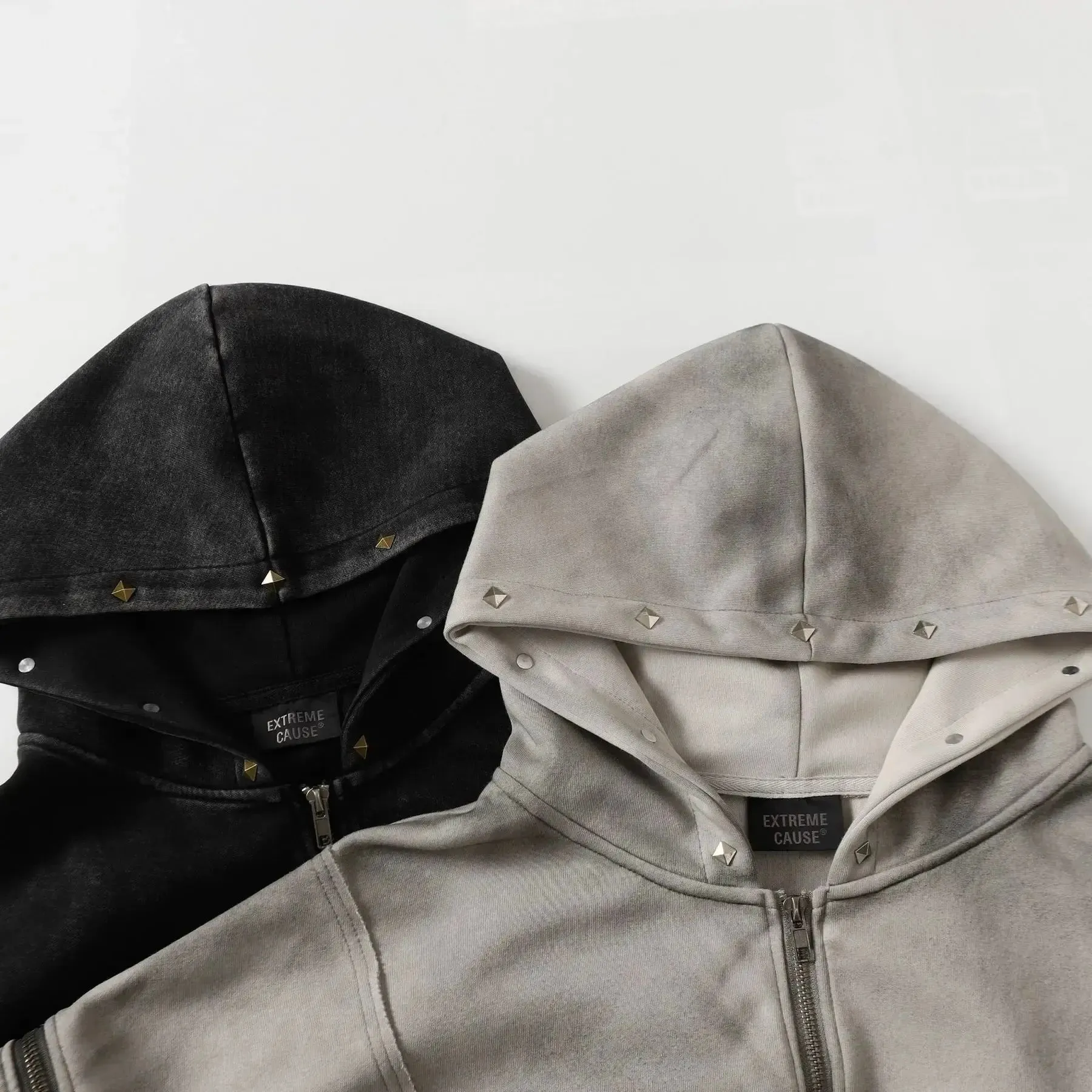 Washed Distressed Rivet Zipper Hoodie