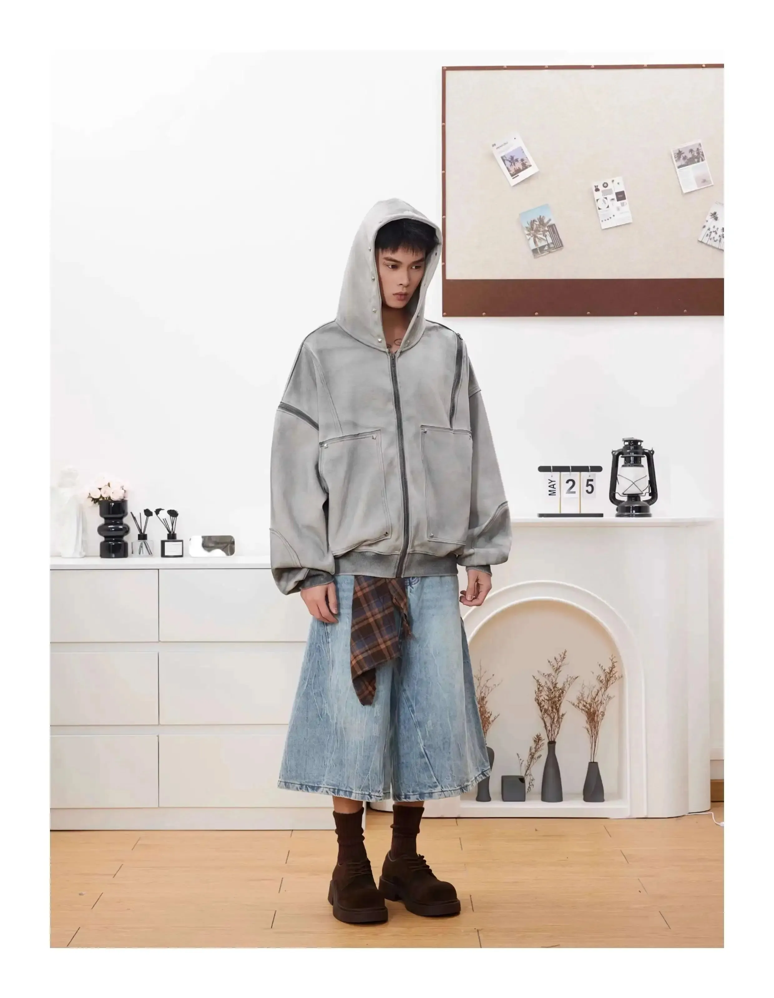 Washed Distressed Rivet Zipper Hoodie