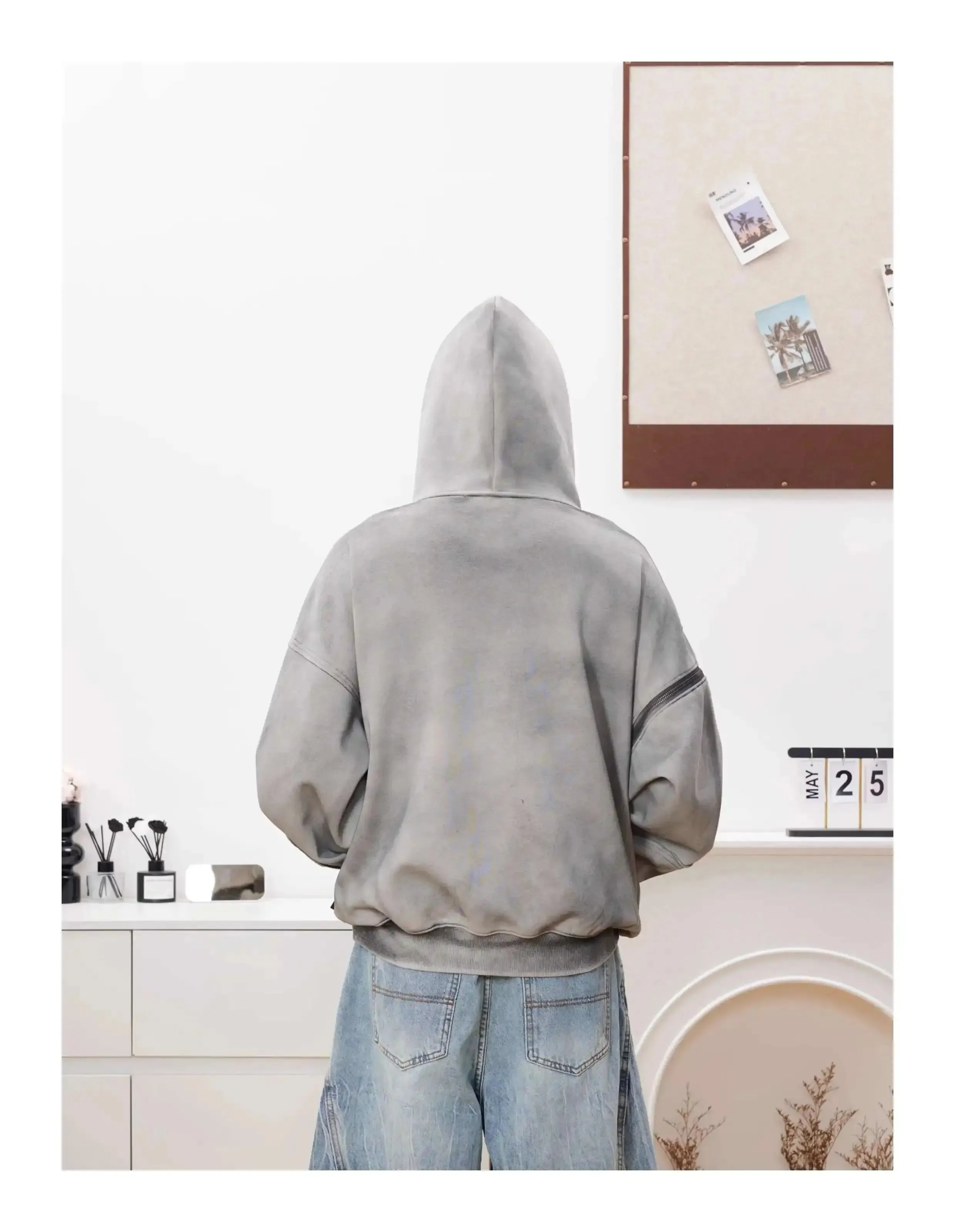 Washed Distressed Rivet Zipper Hoodie