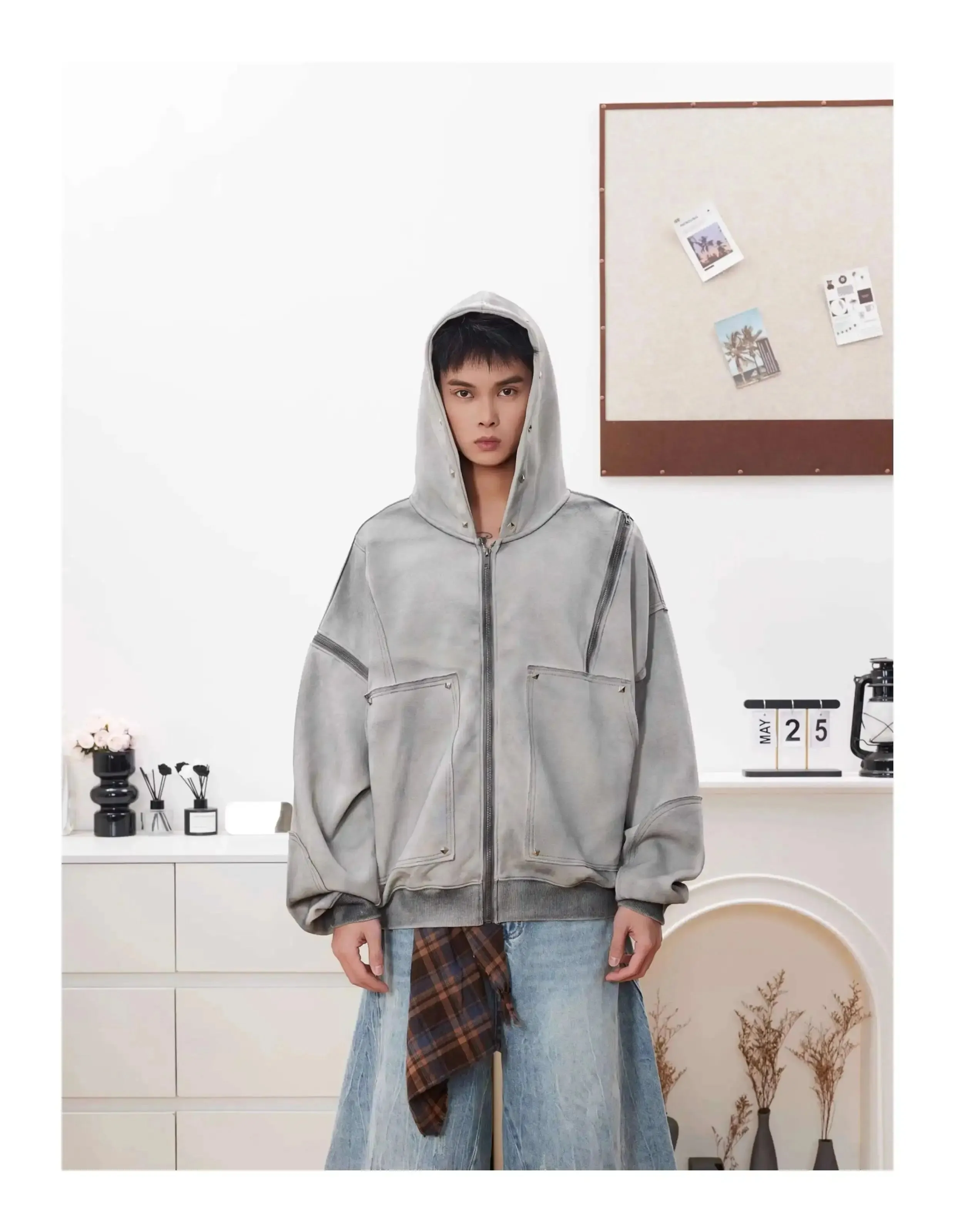 Washed Distressed Rivet Zipper Hoodie