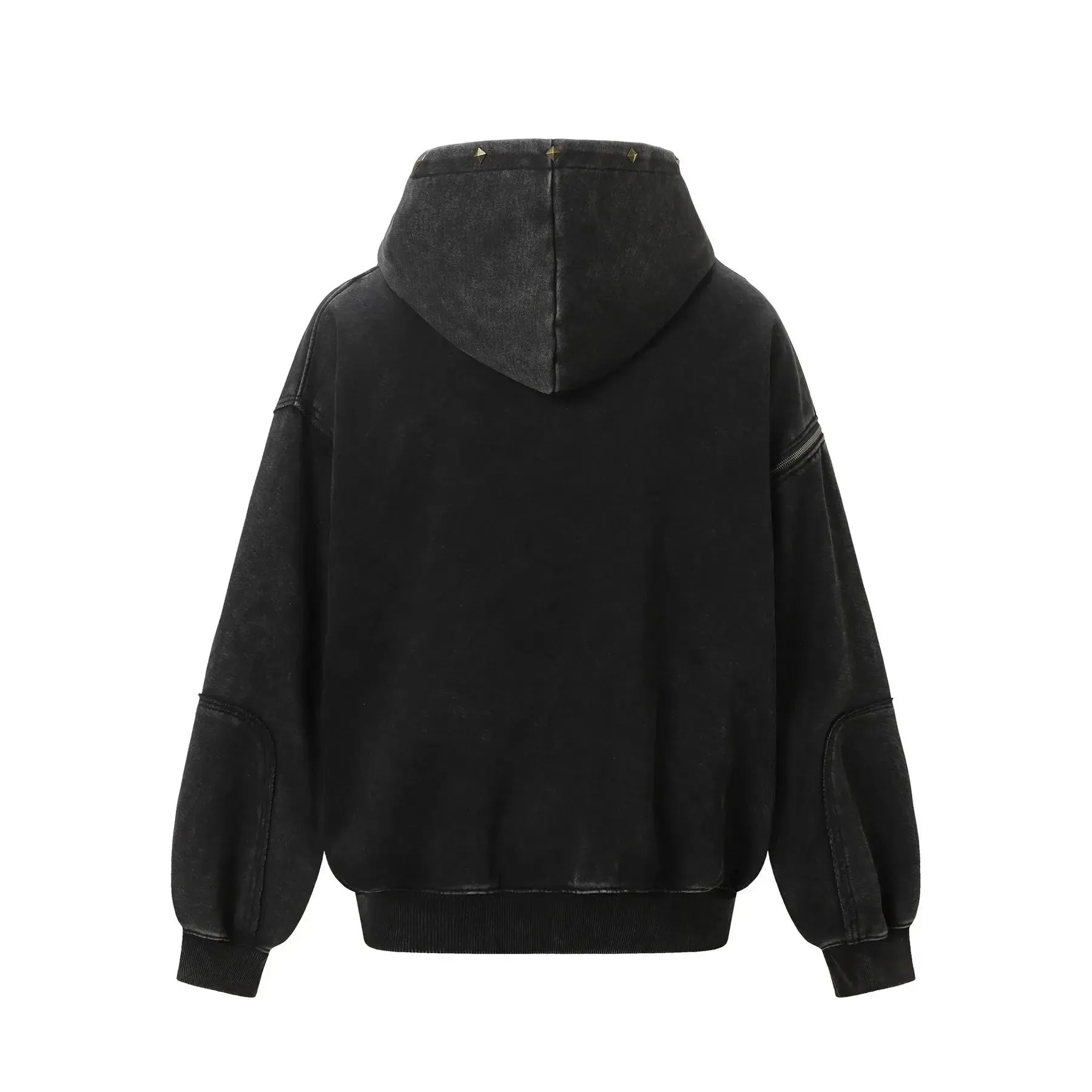 Washed Distressed Rivet Zipper Hoodie