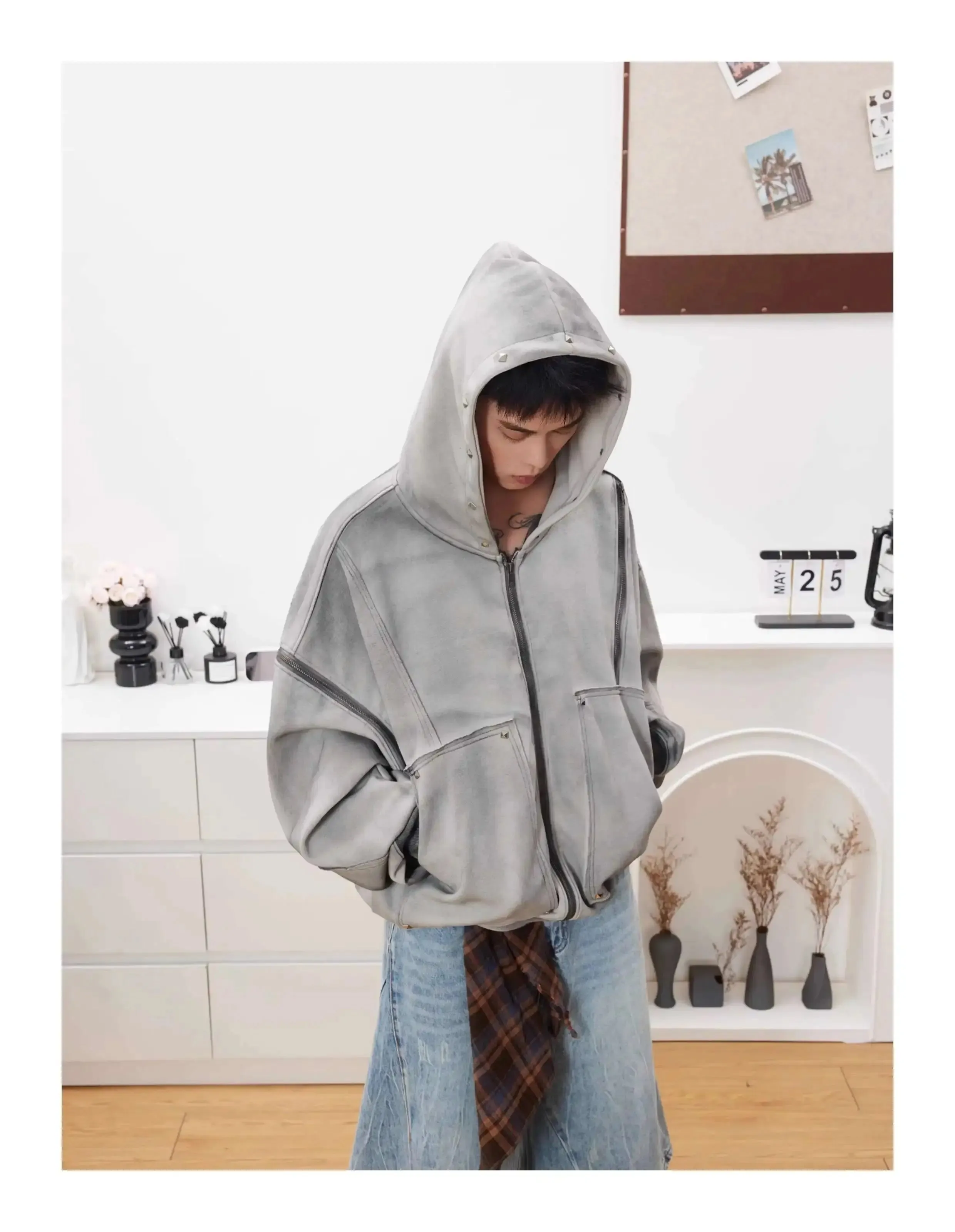 Washed Distressed Rivet Zipper Hoodie