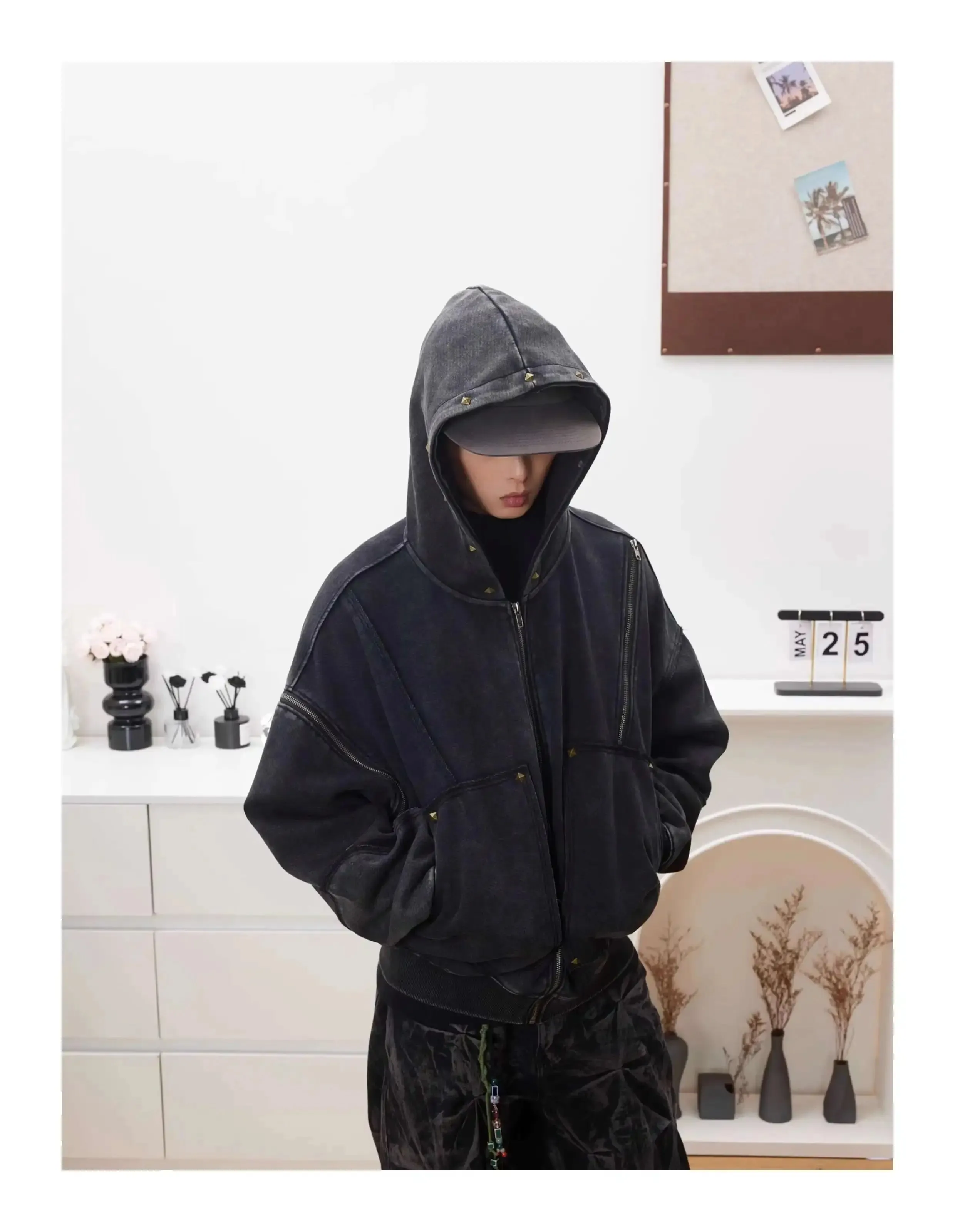 Washed Distressed Rivet Zipper Hoodie